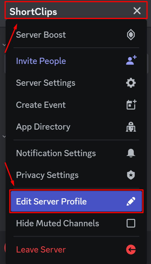 Click on server and select Edit Profile