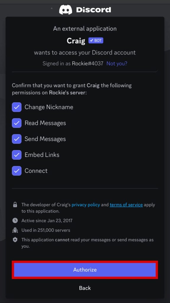 Select Authorize on CraigBot
