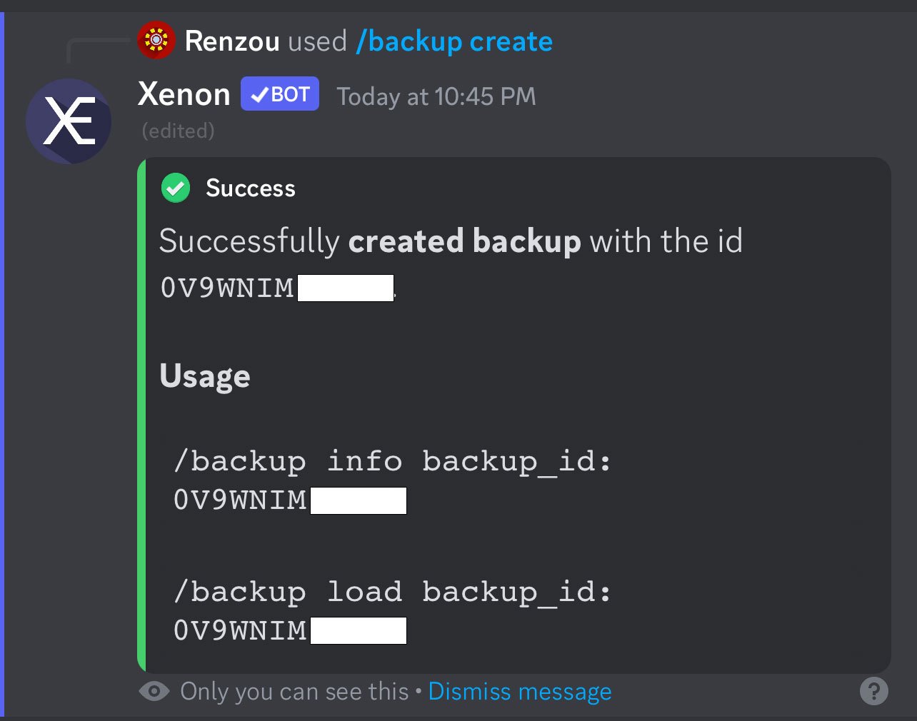 Backup created xenon bot discord mobile