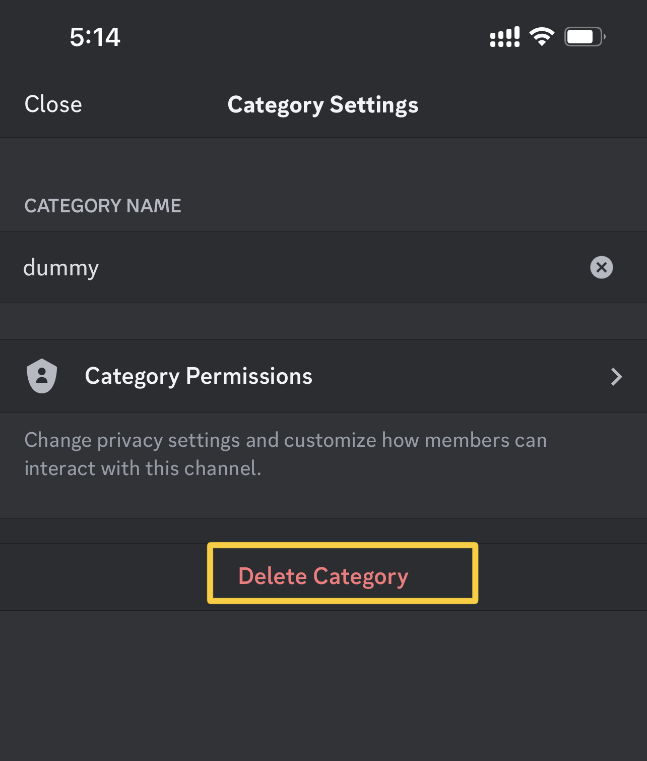 Delete category on discord mobile