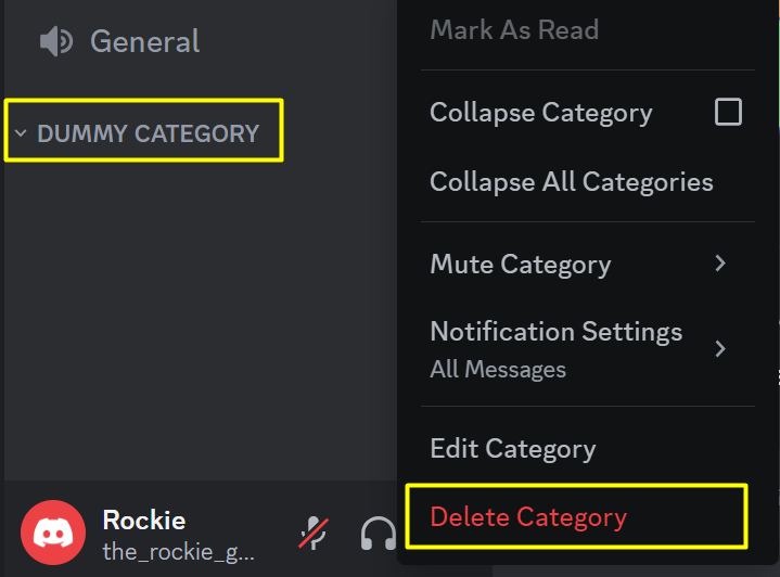 Delete category option on Discord PC