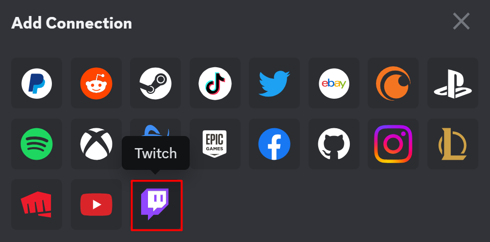 Select Twitch from Add Connection Discord PC