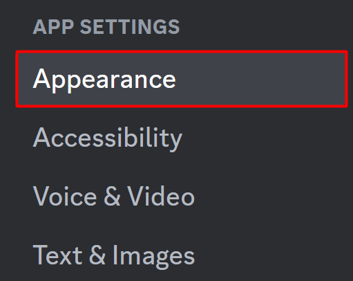 Select appearance from the Settings Discord