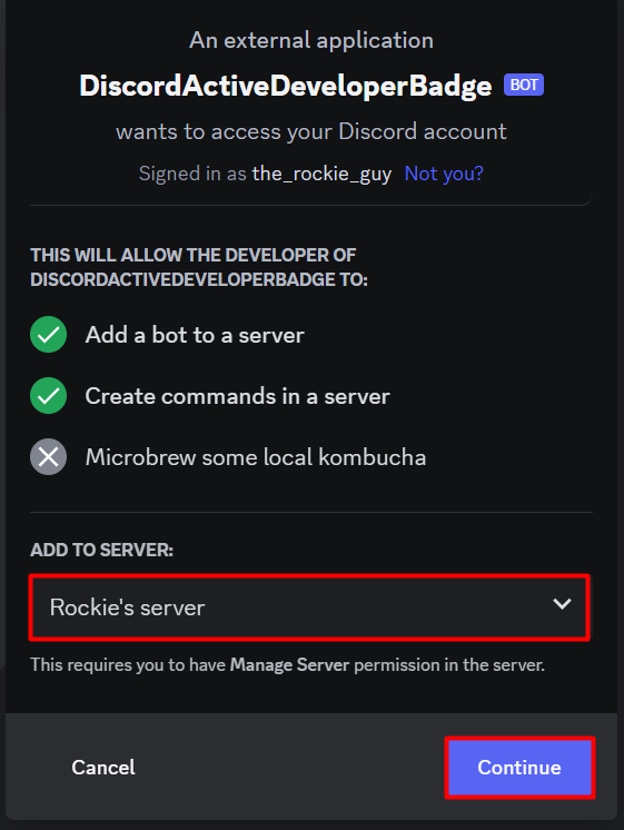 Select the server and continue on botghost