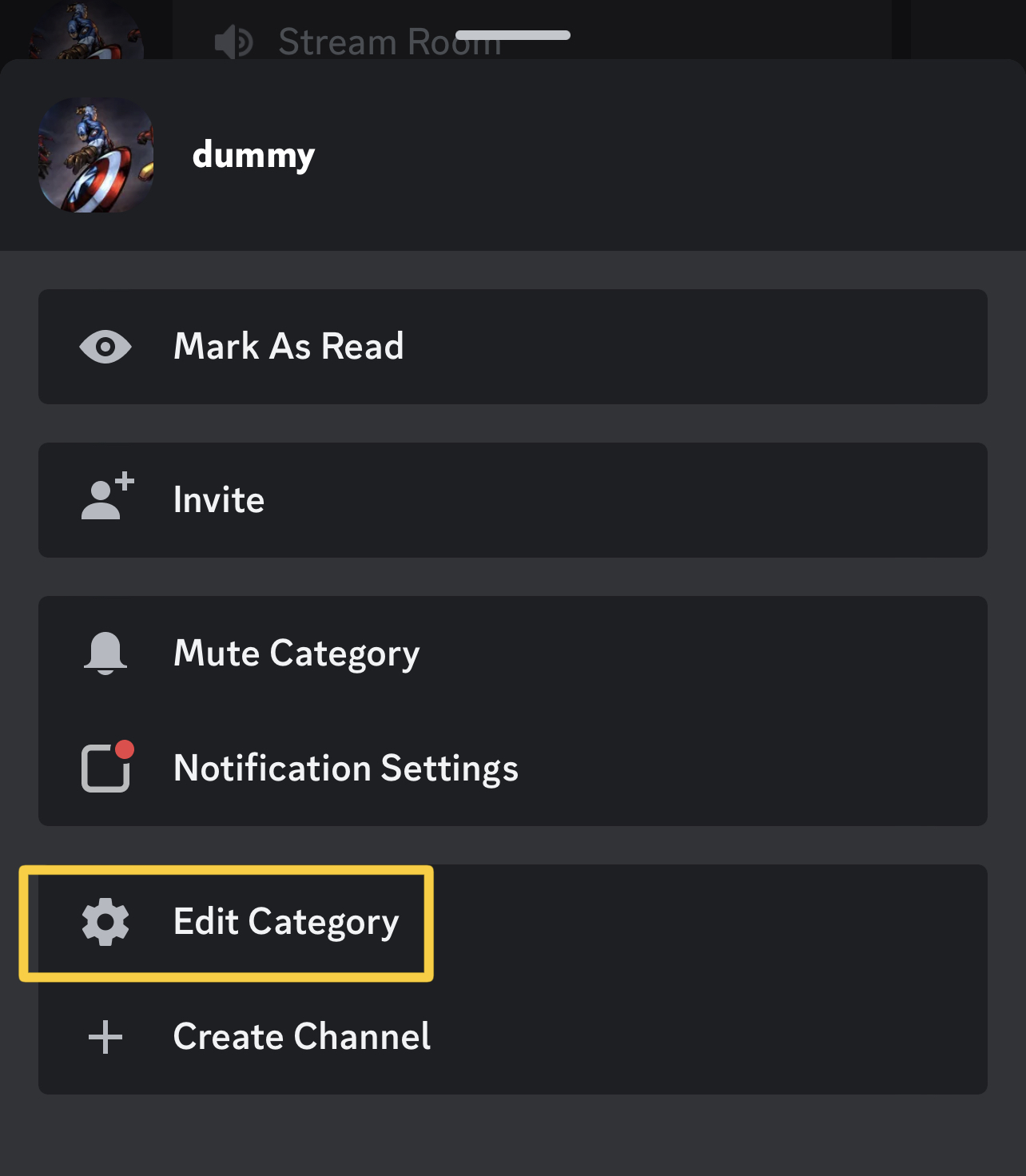 Tap on edit category discord mobile
