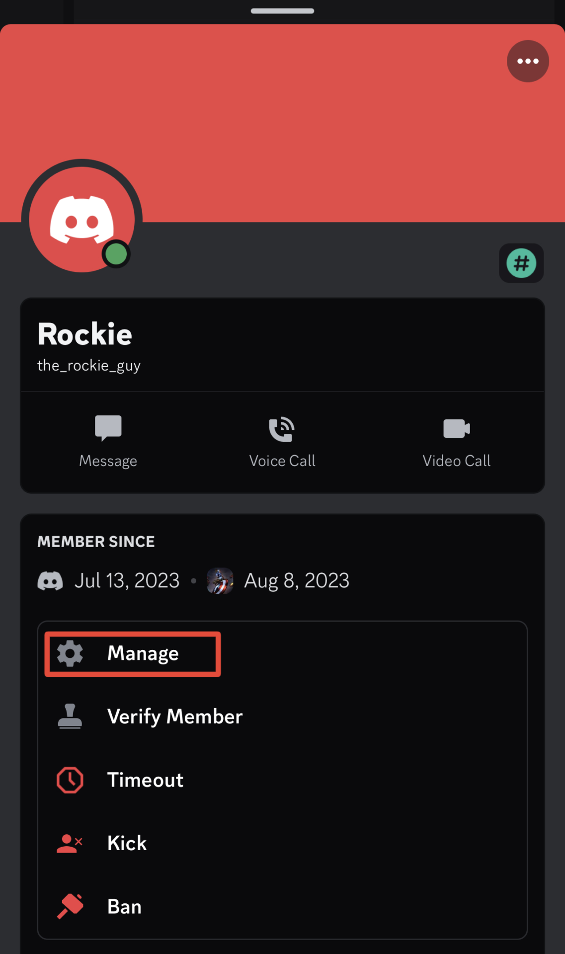 Tap on manage on user profile discord mobile