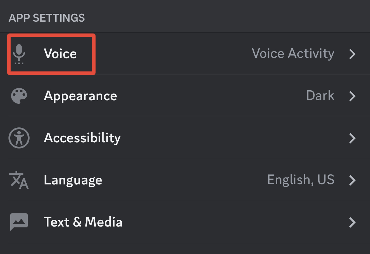 Tap on voice under app settings mobile discord