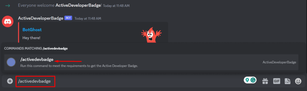 Type the activedevbadge command in Discord