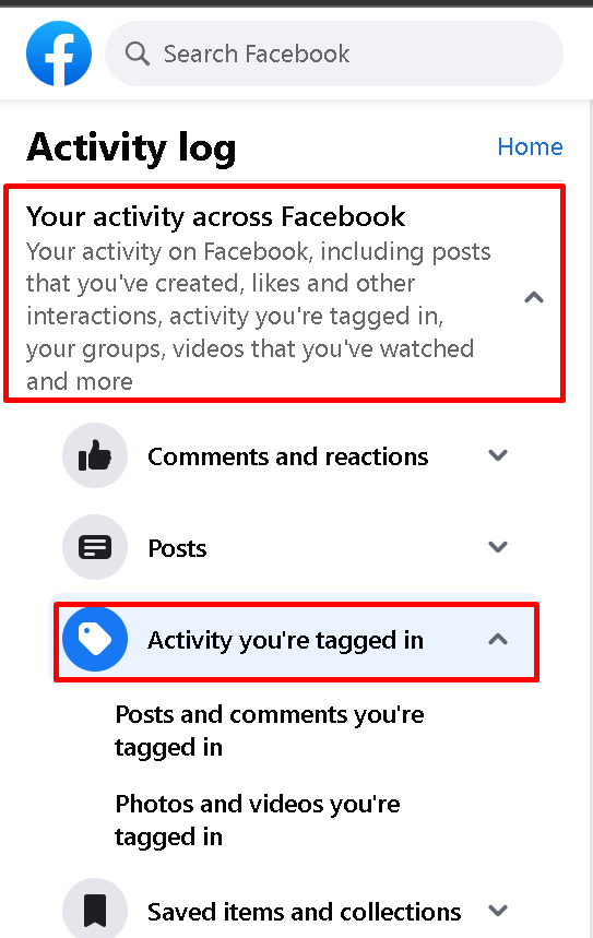 Click Acitivty Log and Activity you are tagged in