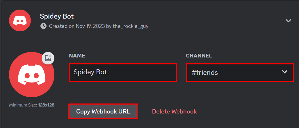 Give name and copy webhook URL Discord PC