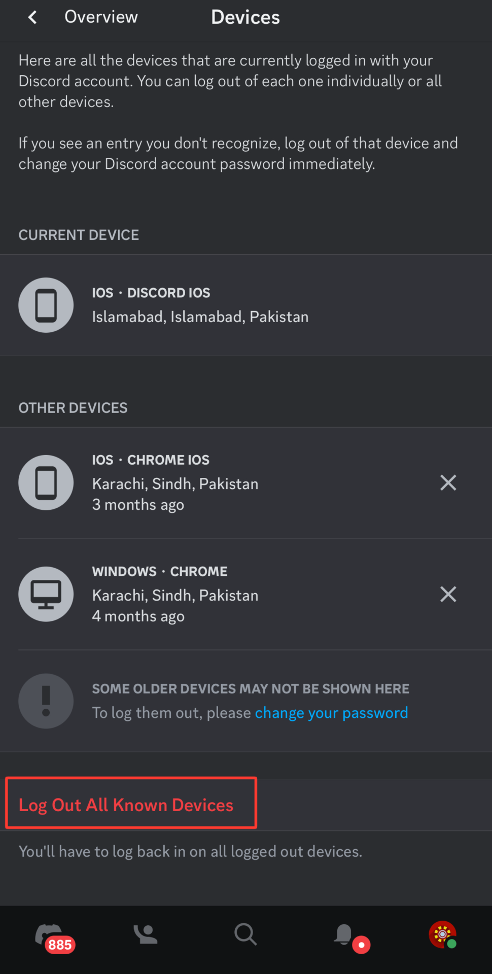 Log out all known devices discord mobile